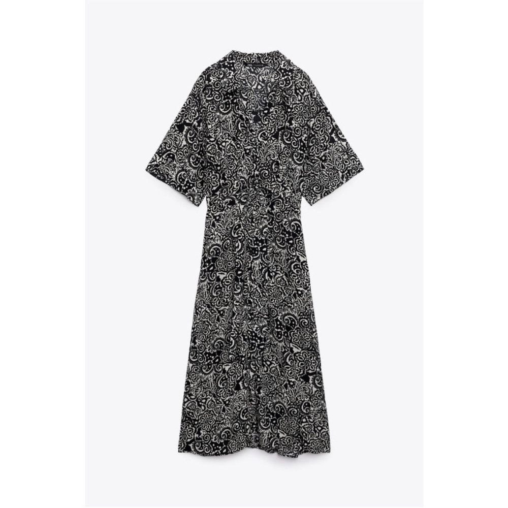 Zara Black White Printed Button Down Shirt Midi Dress V-Neck Lapel Collar Large - Picture 4 of 11